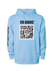 Front design of The Rubric Book's Blue Dream Together Hoodie contains a custom QR code inspired by the trend of interactivity and ease of accessibility – QR code links to The Rubric Book website.