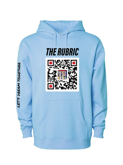 Front design of The Rubric Book's Blue Dream Together Hoodie contains a custom QR code inspired by the trend of interactivity and ease of accessibility – QR code links to The Rubric Book website.