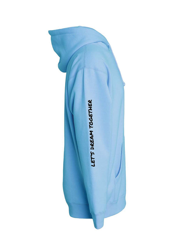 Side design of The Rubric Book’s Blue Dream Together Hoodie displays the author&
