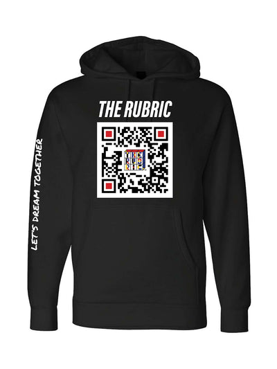 Front design of The Rubric Book's Black Dream Together Hoodie contains a custom QR code inspired by the trend of interactivity and ease of accessibility – QR code links to The Rubric Book website.